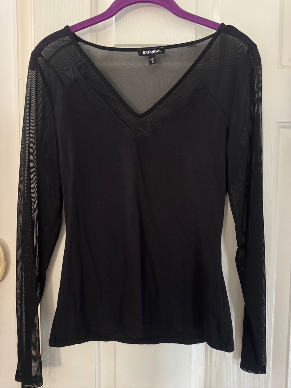 Express Black V-Neck Mesh Accent Long Sleeve Top
